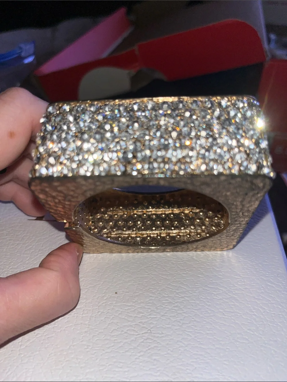 Gold-Tone Paved Crystal Square Statement Block Bracelet/Bangle- Clear Crystal